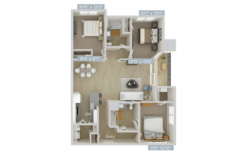 Floor plan for 3 beds, 2 baths, 1295 sqft